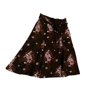 Vtg 70s Brown Pink Lattice Plaid Floral A-line Skirt w String Belt Sz XS Work